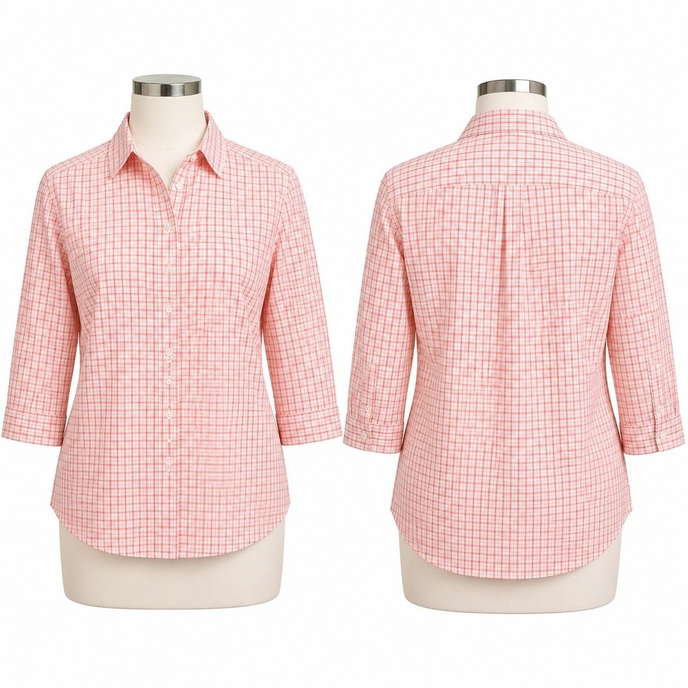 Lands' End Women's Plaid Shirt Pink 3/4 Sleeve Button Down Cotton Casual